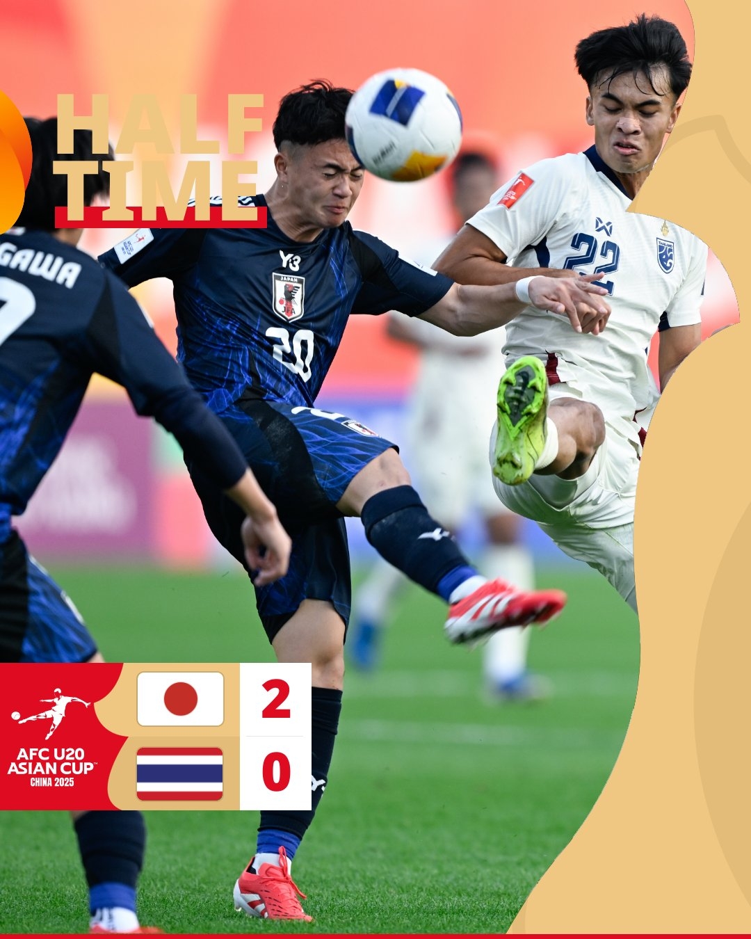  半場-日本U20 2-0領(lǐng)先泰國U20，石井久繼破門+中柱 泰國0射正