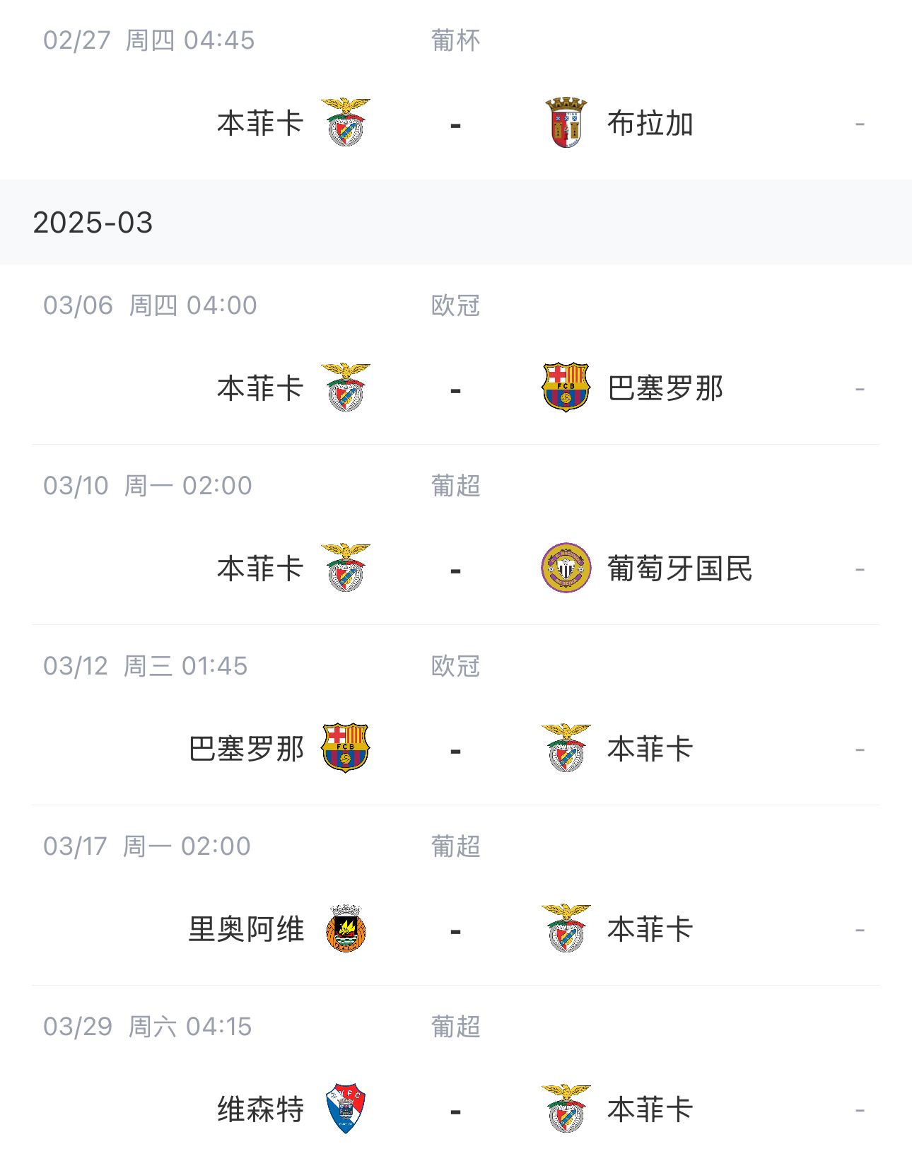 讓路歐冠！本菲卡戰(zhàn)巴薩首回合比賽前的葡超比賽推遲進(jìn)行