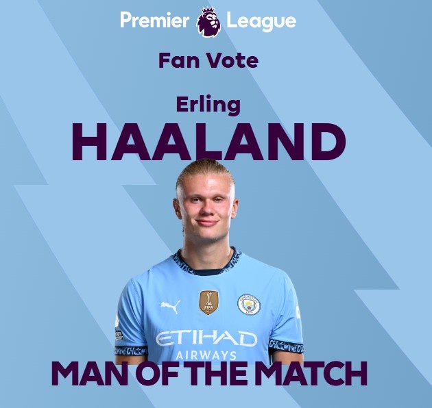  打進(jìn)致勝球！英超官方：哈蘭德當(dāng)選曼城1-0熱刺全場最佳球員