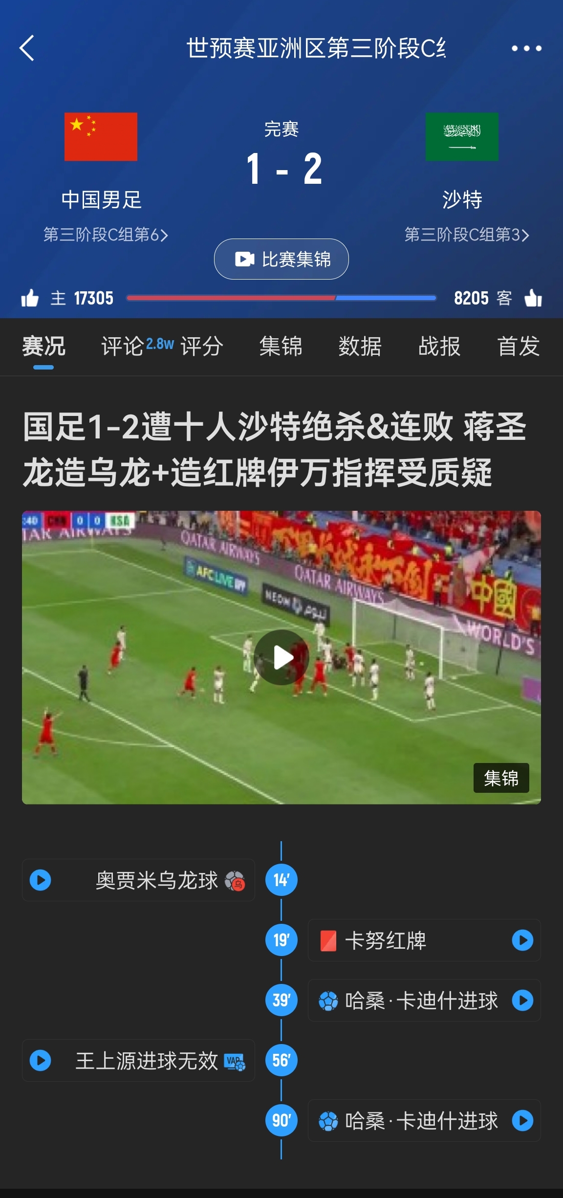  今天什么劇本？首戰(zhàn)沙特也是半場(chǎng)紅牌+蔣光太傷退，最后國(guó)足被翻